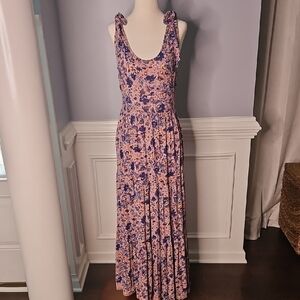 Altar'd State Women's Floral Pink and Blue Tie Strap Gauze Maxi Dress